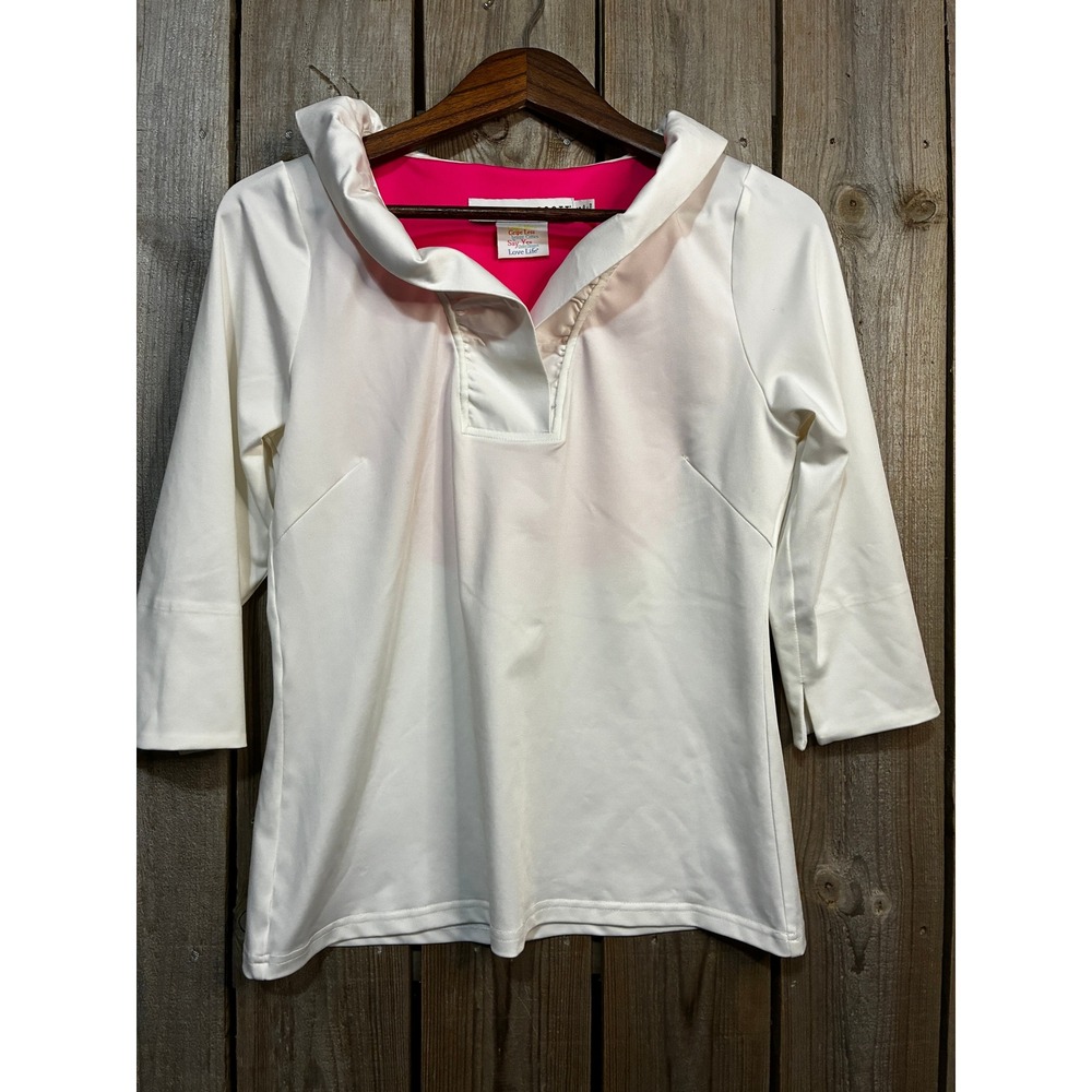 Gretchen Scott White Hot Pink Ruffle Collar 3/4 Sleeve Top Small